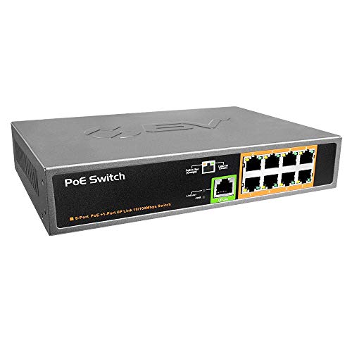 BV-Tech Sistema no configurado de alimentación a través de ethernet de 8 Puertos con 1 uplink ethernet, 150 W, 802,3 AF, Marca (POE-SW801)