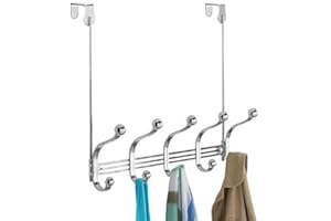 mDesign Wardrobe Organiser - Over The Door Storage with 5 Double Hooks - Wardrobe Hooks for The Door or Wall with hooks for Coats, Jackets, and Towels - Chrome