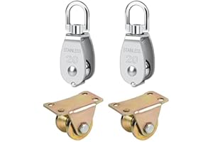 Iyowei 2Pcs M20 Single Pulley Block + 2Pcs V-shaped Wheel Rail, 304 Stainless Cable Steel Pulley Roller Crane Swivel Hook Gate Roller Rigid Track Castor for Ropes, Load Capacity 75 KG