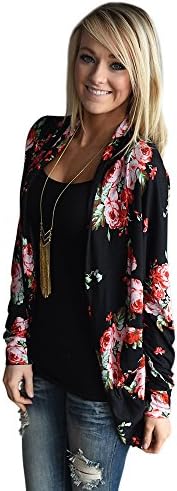 Women's Kimono Open Drape Boho Irregular Printed Floral Slim Cardigan Outwear Long Sleeve Sweater Sleeve Cover up Coat Tops (S, BLACK)