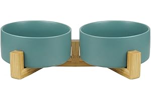 HCHLQLZ Verde Ceramica Comedero Perro y Comedero Gato - 2x850 ml - En un Elegante Soporte de bambú - También Adecuado para Perros Grandes/Grandes felinos