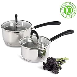 ProCook Gourmet Stainless Steel - Batterie Set 2 Casseroles INOX Antiadhésives Induction - Becs Verseurs - Couvercles Passoire Verre Trempé - Poignées Silicone Isolant - 2 pièces