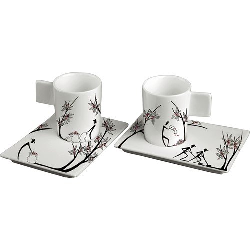 Deagourmet 197 Origini - Juego de 6 tazas de café y 6 platillos, porcelana pintada a mano, color blanco