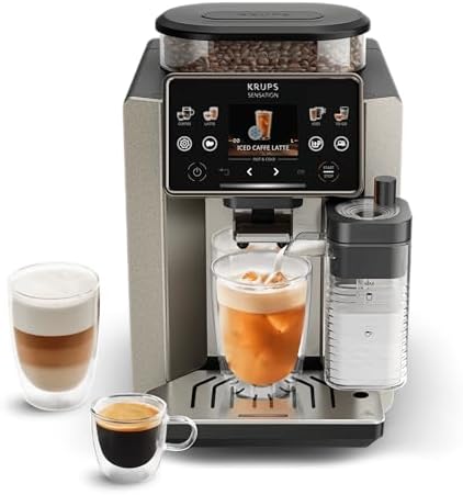 Krups Sensation Elite, macchina da caffè automatica, 24 bevande calde e fredde, schermo da 2,8 pollici, tecnologia Milk Maestro, tecnologia Cold Brew Aroma, preferite personalizzabili, Silver Premium