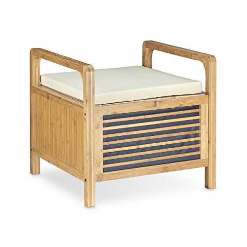 Avis Relaxdays Banc de rangement en bambou tabouret de salle de bain avec assise HxlxP: 46 x 50,5 x 50 cm siège avec coussin repose-pieds, nature