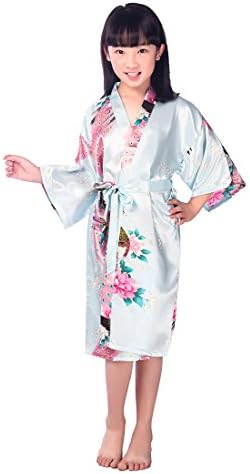 Girls' Satin Peacock Kimono Robe For Spa Wrap Sleepwear Robe Bathrobe Pretty Flower Girl Wedding Gown (2, babyblue)