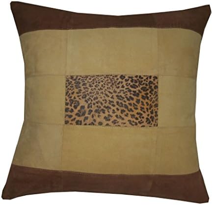 Genuine suede leather cushion cover with leopard printed suede, yellow and tan colour suede. 18in x 18in or 45cm x 45cm