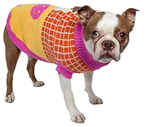 Lovable-Bark Heavy Knit Ribbed Fashion Pet Sweater, Pink, Orange, White and Yellow, MD