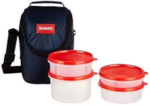 Amazon Brand - Solimo Plastic Lunch Box with Bag, Set of 4 (Red Lids and Blue Bag)