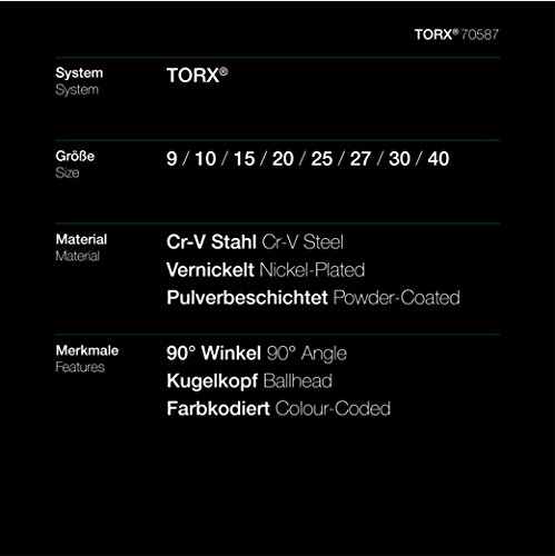 TORX® 70587 Winkel Schraubendreher Set Farbcodiert mit Kugelkopf 8tlg. TX 9-40 | Made in Germany | Torxschlüsselsatz | Schraubenschlüssel | T9 | T10 | T15 | T20 | T25 | T27 | T30 | T40 | TX | bunt | farbig | für Torx Schrauben - 6