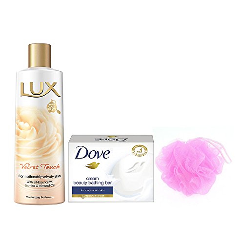 Lux Velvet Touch Moisturising Body Wash, Jasmine and Almond Oil, 240ml with Free Dove Cream Beauty Bathing Soap Bar, 50g and 1 Loofah