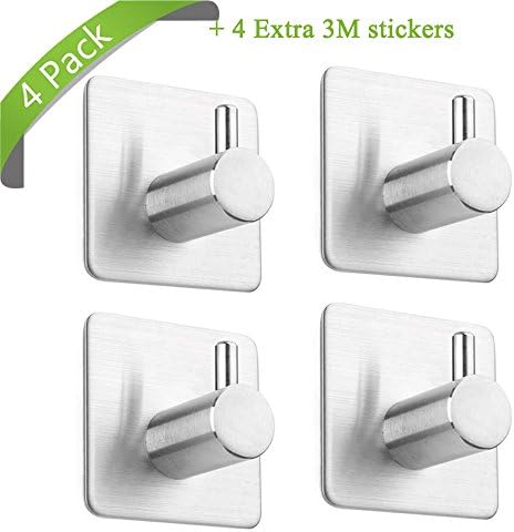 4 Pack of Self Adhesive Hooks, Max 8kg Towel Rail, Hat Towel Robe Coat 3M Self Adhesive SUS 304 Stainless Steel Hanger for Kitchen Bathrooms Lavatory Closets, Water and Rust Proof