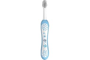 Chicco Primer Cepillo de Dientes Bebés y Niños con Cabezal Redondeado, Cerdas Súper Suaves, Delicado para Encías y Dientes, Capuchón Incluido Cepillo de Dientes para Bebés de 6-36 Meses, Azul Peces