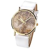Better Dealz VINTAGE Weltkarte Uhr Lederausstattung Leichtmetall Damen Analoge Quarz Armbanduhr,weiß