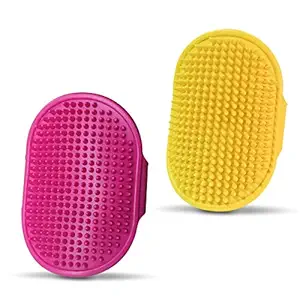 2Pcs Dog Bath Brush, Pet Bath Brush Rubber Dog Comb with Adjustable Ring Handle for Long Short Haired Pet (Rose+Yellow)