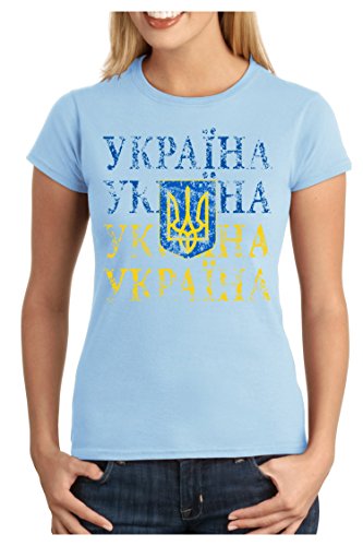 OM3 – UKRAJINA – Damen T-Shirt tailliert – UKRAINE EM 2016 FRANKREICH FRANCE FUSSBALL FANSHIRT SOCCER SPORT TRIKOT EUROPAMEISTER, XL, hellblau