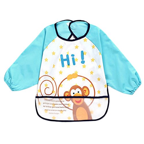 Lovely Blue Monkey Waterproof Baby Feeding Clothes Long-sleeved Baby Bibs