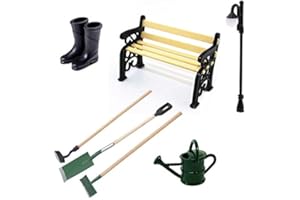 witgift Miniatur Puppenhaus Set Gartengeräte + Gummistiefel +Gießkanne +Parkbank+Straßenlampe Mini Ornament Garten Möbel Deko