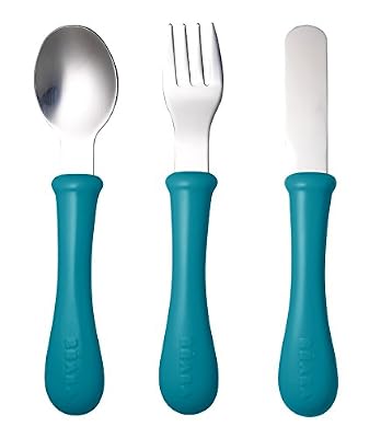 Béaba BÉABA Lot de 3 Couverts d'Apprentissage en Inox, Bleu