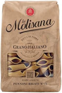 La Molisana - Pennoni Rigati Integrali n. 21, Pasta da Grano Italiano, Grandi, Rustici e Ricchi di Fibre, Trafilati al Bronzo, Confezione da 500 g