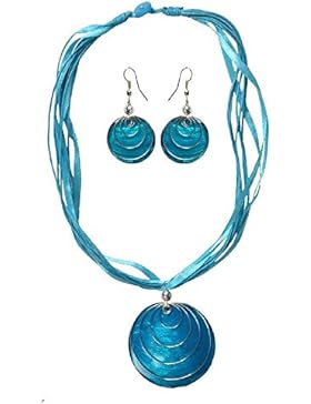Set aus Hals-Kette und Ohrringen mit Muschel-Anhänger in vielen verschiedenen Farben, Farbe:blau