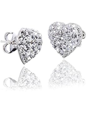 Materia Kristall Ohrstecker Herz weiß - 925 Silber Ohrringe Damen Herz Form 9x9mm mit weißen Kristallsteinen inkl...