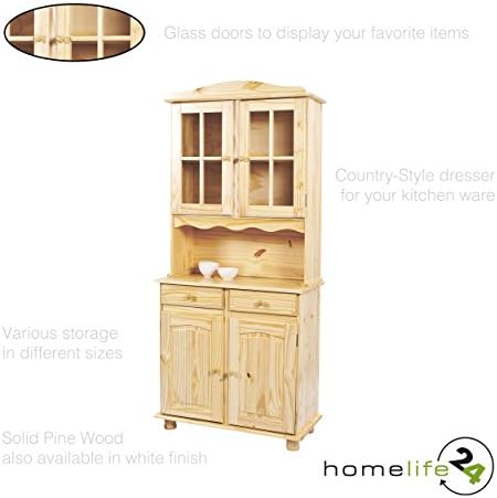 Tall dresser, kitchen buffet display unit, chest, for living room, kitchen, 4 doors, 2 glass doors, 2 drawers, 1 Shelf, in Solide Pine Wood,natural varnish