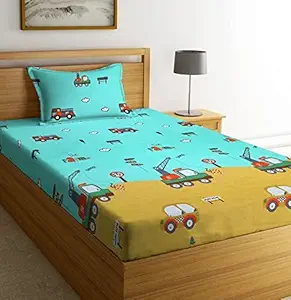 NEW LEAF Cotton Feel Soft and Smooth Cartoon Printed Double Bedsheet Special for Kids or Your Baby, ( Car Bus and Tractor Print, Sky Blue)