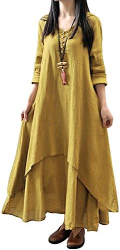 LAMEZI Women's Casual Long Sleeve Irregular Layers Linen Loose Kaftan Long Dress Yellow S