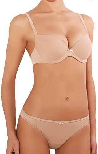 Women's Push up Demi Cup Comfy Everyday T-Shirt Bra and Panties Lingerie Set(SV08 109, Be,75B)