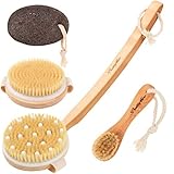 Brosse de Bain Massage,Pretty See 4Pcs Brosse de douche,soies de porc bain dos Brosse pour le corps et pierre ponce pour éliminer les peaux mortes et réduire la cellulite