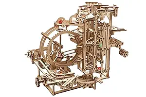 Ugears Wooden Marble Run Kit - 3D Puzzle Wood Marble Run Stepped Hoist with 3-Stepped Lift Mechanism and 10 Marbles - Kinetic DIY Marble Run Wooden Puzzle - 3D Wooden Puzzles for Adults and Kids