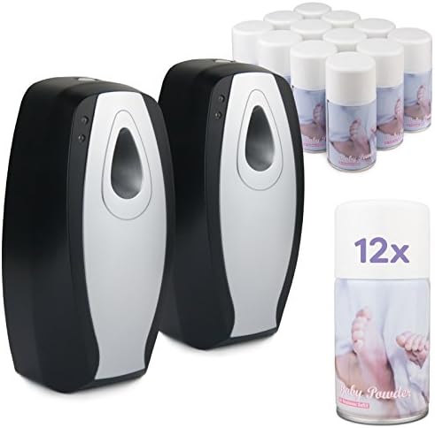 DripDropDry Complete Set - 2 Automatic Air Fresheners & 12 Baby Powder Aerosol Refill Cans - Commercial Toilet (Black)
