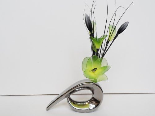 Green Gossamer Nylon Flower Arrangement In A Comma Vase - Artificial Flowers (Silver)