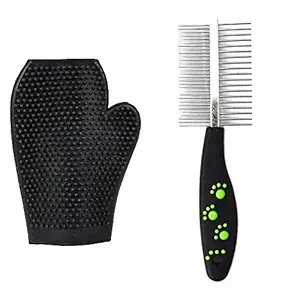 PSK Double Sided Pet Comb Stainless Steel Pin Dog Grooming Brush with Grooming Gloves (Black)