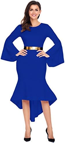 Yiyada Womens Sexy Mermaid O-Neck Long Bell Sleeve Dip Hem Belted Long Evening Party Dress (S, Royal Blue)