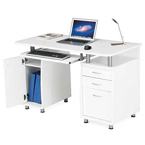 Songmics Mesa de Ordenador con 3 Cajones Escritorio de Oficina Compacto para Hogar y Oficina Madera MDF 121 x 60 x 76 cm Blanco LCD871W