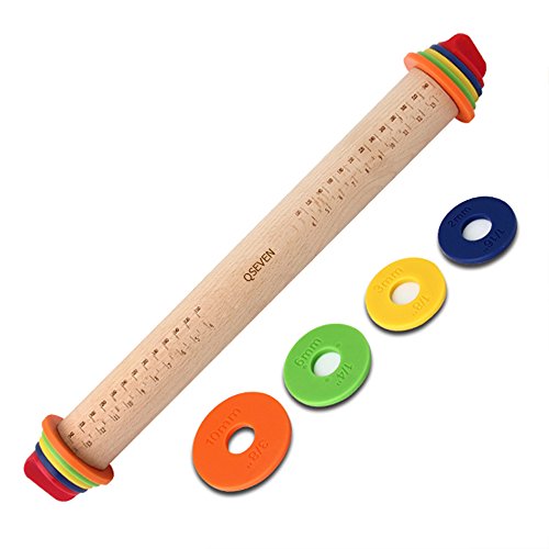 qseven verstellbar Buche Holz Teig Rolling Pin mit 4 Größe der bunten Ringe