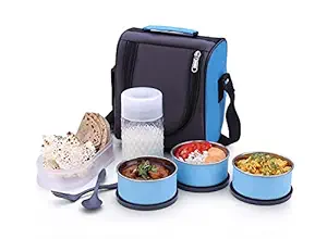 Green Leaf Stainless Steel Lunch Box 3 Container and 1 Casserole Set with Plastic Bottle 2 Spoon Tiffin Box with Bag for Office use, Student, Women, Men, Girls (Multicolor)