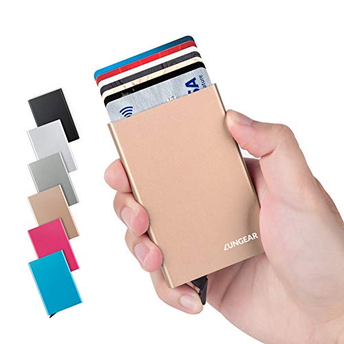 Preisvergleich Produktbild LunGear Kreditkartenetui mit RFID Blocking Schutz Slim Aluminium Kreditkartenhalter Mini Metall Geldbörse hält 7 Karten für Damen und Herren(Gold)