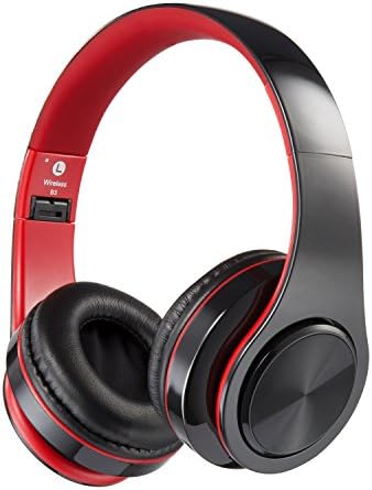 Bluetooth Headphones Over Ear, Hi-Fi Stereo Wireless Headset, Foldable, Soft Memory-Protein Earmuffs, w/ Built-in Mic and Wired Mode for iPhone iPad iPod Laptop (Perfect As Gift) (Red)
