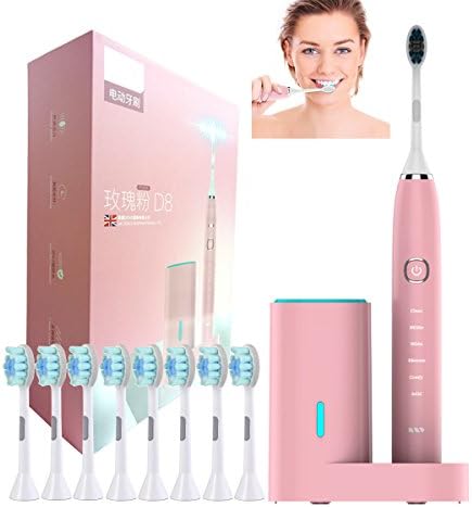 [2018 New Version] Xuehaostore Electric Toothbrush, 6 Brushing Modes, 8 Replacement Heads, Clean as Dentist Use, Self-Sterilizing Sonic Electric Toothbrush with Portable Travel Box, Automatic Timer &amp; IPX7 Waterproof (Rose Gold)