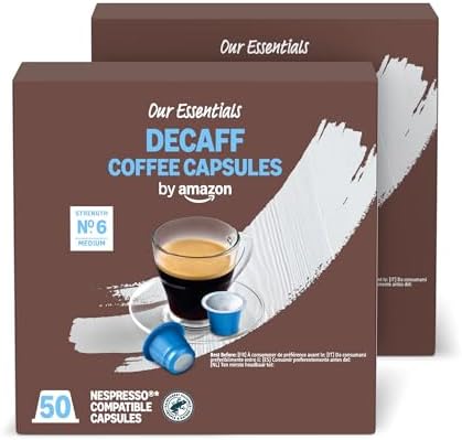 by Amazon Capsule in Plastica di Caffè Lungo Decaffeinato Compatibili con Nespresso, Tostatura Media, 100 Pezzi (2 Confezioni da 50) - Certificato Rainforest Alliance
