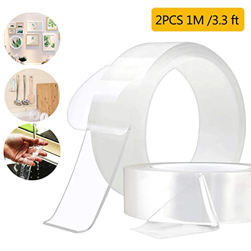 2 Piezas Cinta Adhesiva de Doble Cara de Multifuncional Tape, Transparente Cinta de Gel Extraíble Lavable Sin Rastros, Reutilizable Tiras Adhesivas Delgada Para Fijar Moquetas Fotos (30MM × 1M)