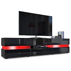 Vladon Meuble TV Armoire Basse Flow, Corps en Noir Haute Brillance/Façades en Noir laqué Haute Brillance avec éclairage LED
