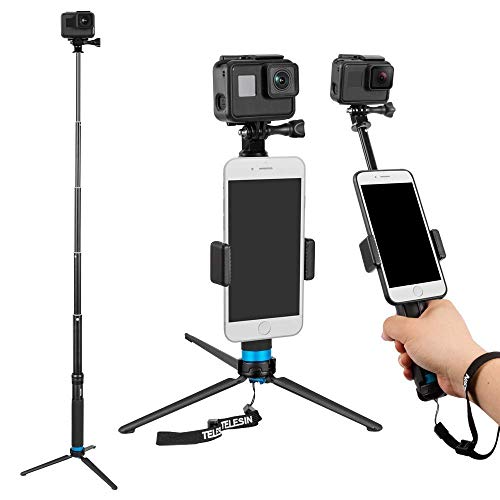TELESIN 6-in-1 in lega di alluminio Handheld estensibile tasca portafoglio Monopod Selfie Stick con mini treppiede e treppiede e clip telefonica per Apple, smartphone Android, fotocamera Gopro - Nero