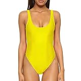 Yvelands Damen One-Piece Bikini rückenfrei Retro elastisch hoch geschnitten tief zurück einteilig Badebekleidung badeanzüge Beachwear(Yellow,XXL)