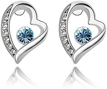 Fashion Womens Crystal Diamond Earring Studs 18K White Gold Plated Heart Earrings (Blue)
