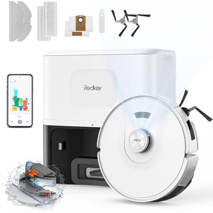 Redkey D8 Robot Aspirapolvere Lavapavimenti con Mappatura, 25000Pa Ultra Aspirazione, 4L Svuotamento Automatico, Anti-Groviglio Capelli, Aspirapolvere Robot Lavapavimenti per Tappeti/Peli/Animali