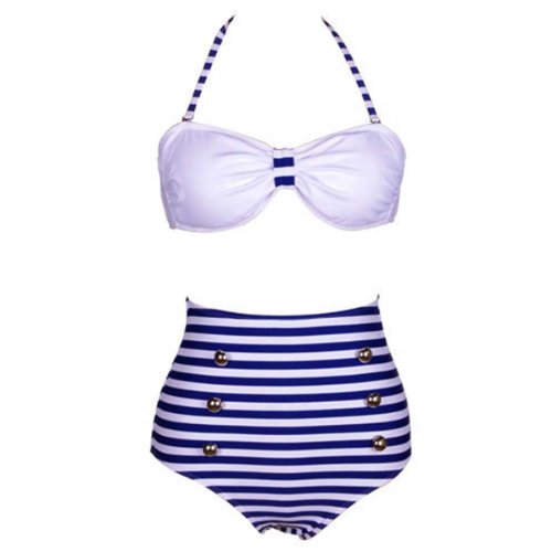 Ninimour Bikini style bandeau à rayures, de style rétro vintage Taille haute - Bleu - Bleu - 42